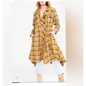 Aratta Plaid Duster Coat Womens Medium Yellow Excellent Handkerchief Hem